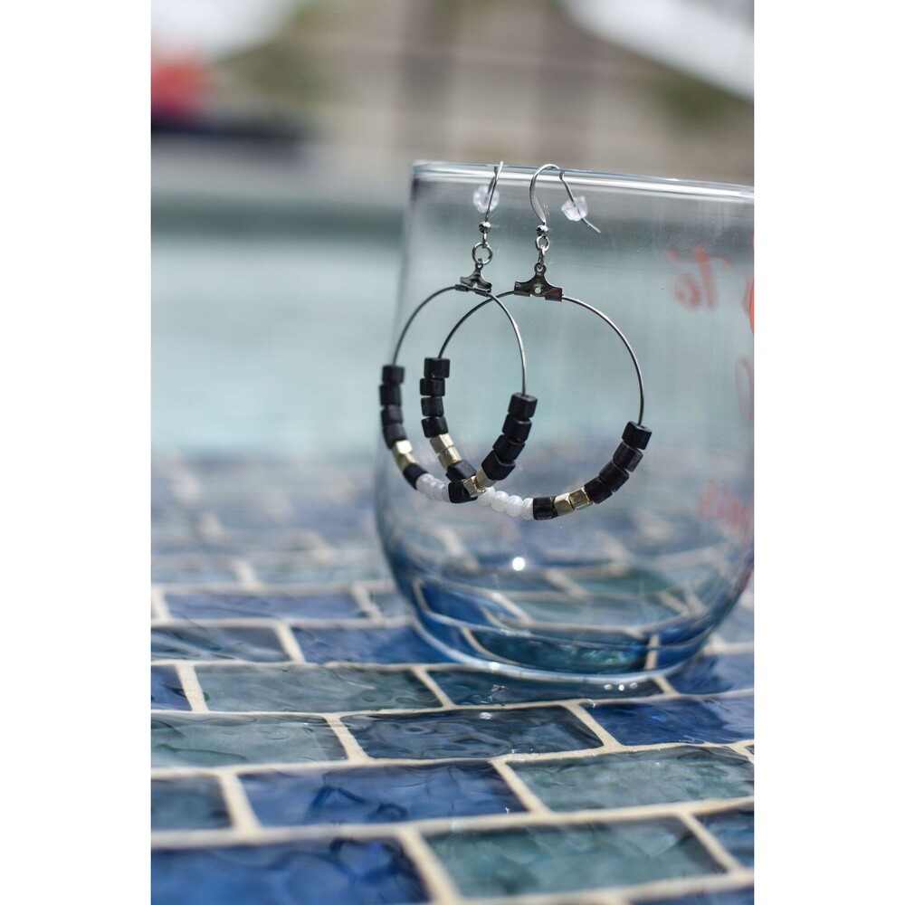 Black and Silver Beaded Hoop Earrings, Modern Minimalist Geometric Dangle, Every